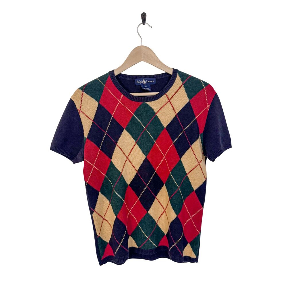 VTG 90s Ralph Lauren Merino Wool Cashmere Blend Argyle Color Block SS Sweater